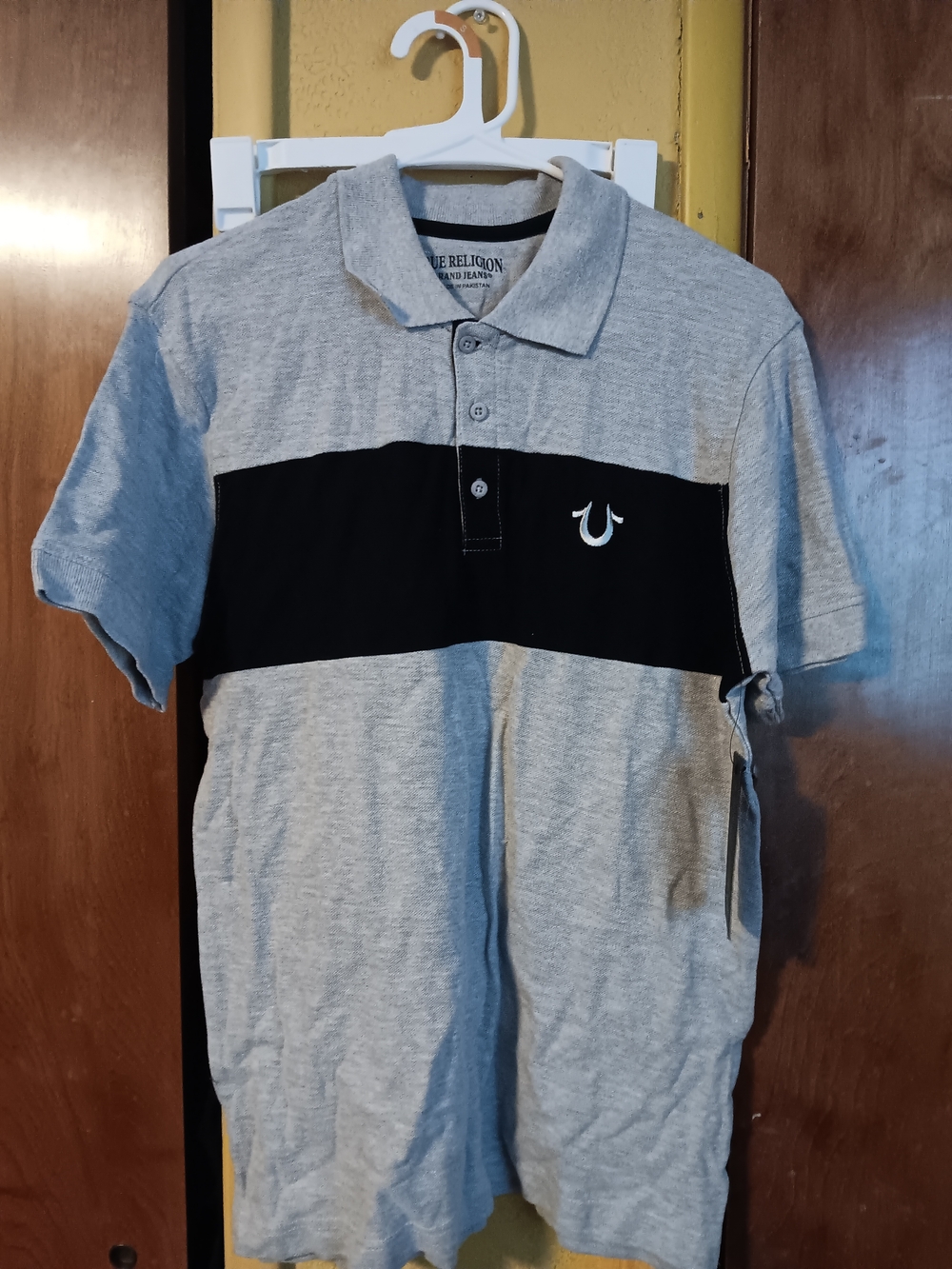 True Religion Men’s Gray Polo with Black Chest Stripe
